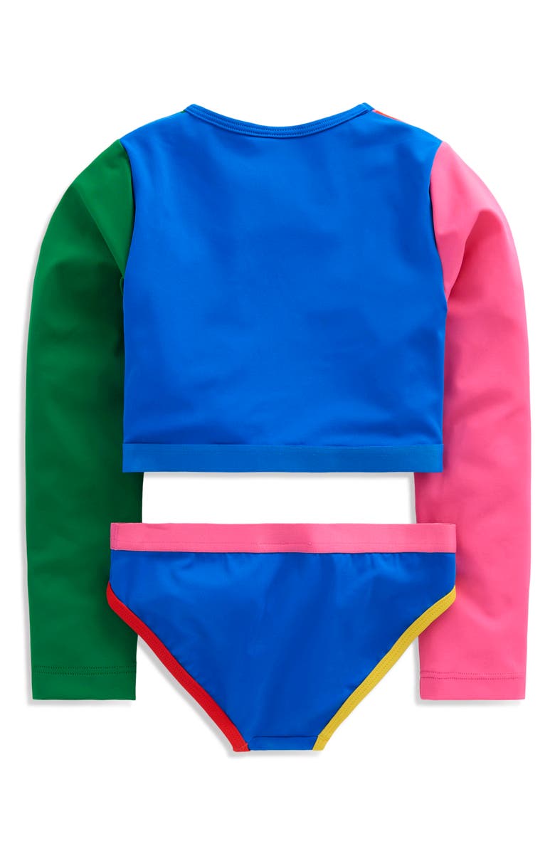 Mini Boden Kids' Colorblock Long Sleeve Rash Guard & Bikini Bottoms Set, Alternate, color, Rainbow Sunray