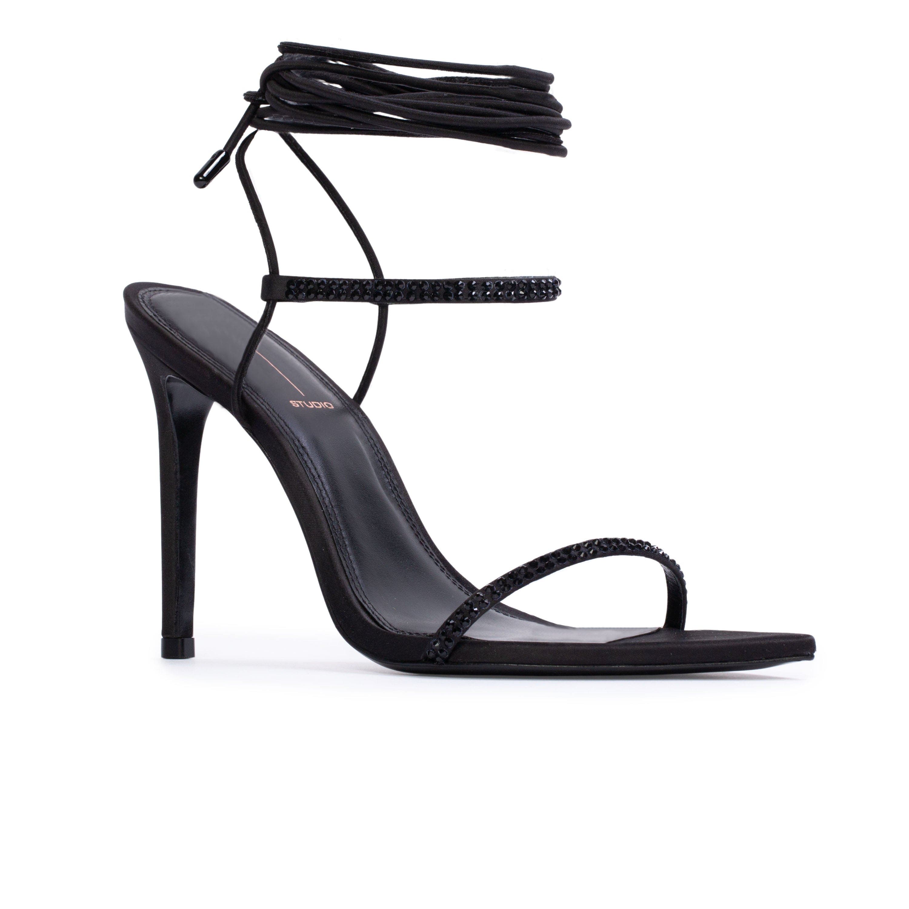 BLACK SUEDE STUDIO Lauren100 Strappy Sandal, Alternate, color, Black Satin Embellished