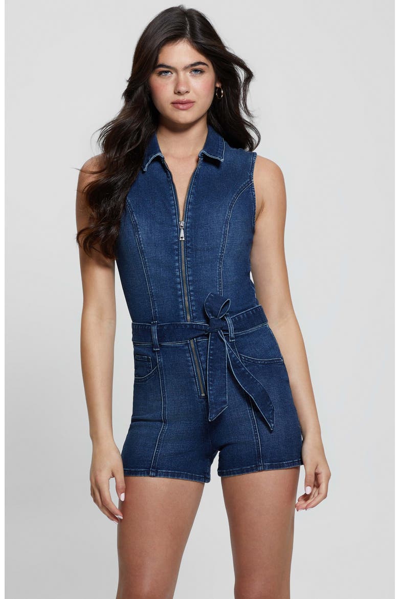 Kimora Tie Belt Denim Romper, Alternate, color, DREAMING