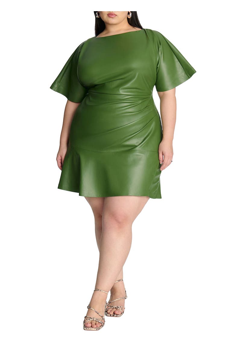 ELOQUII Drapey Faux Leather Mini Dress, Main, color,