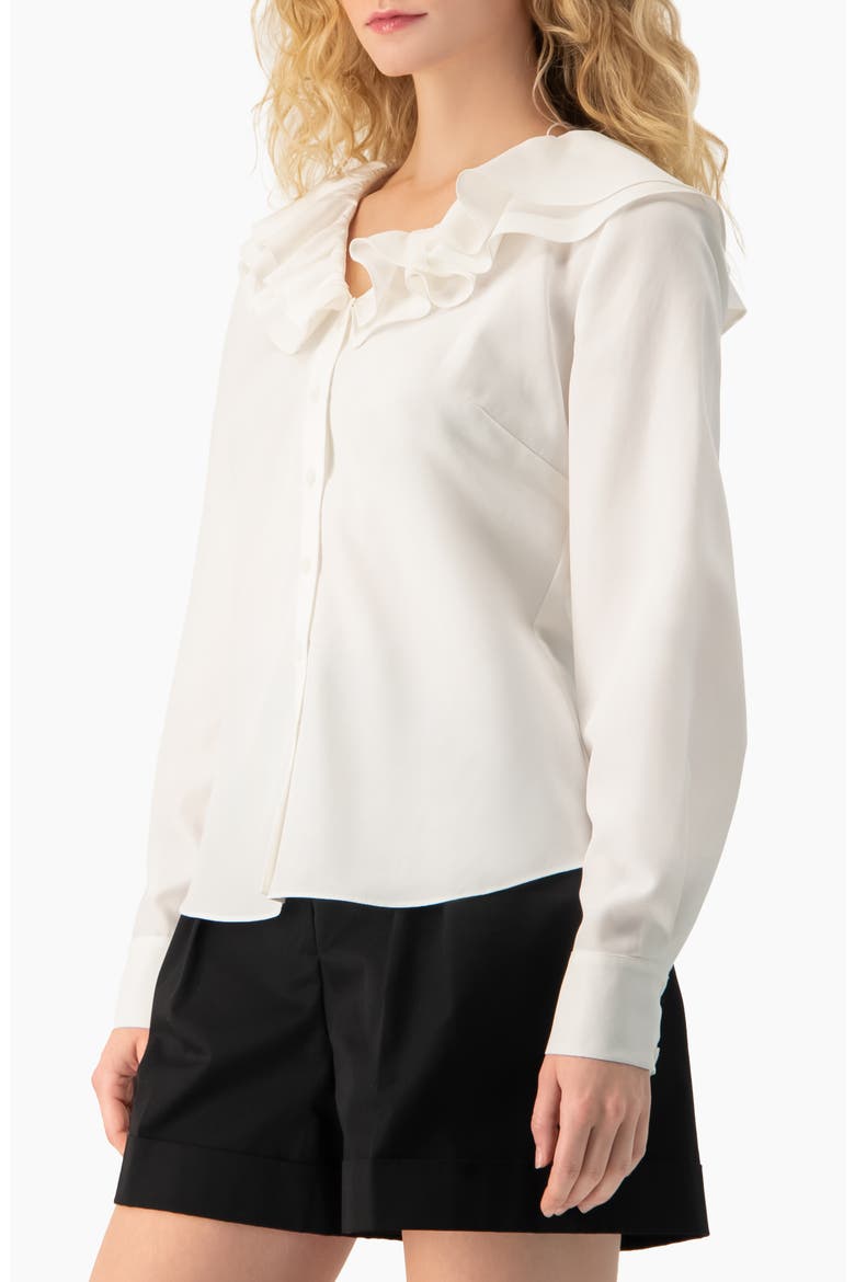 Romantic Ruffle Collar V-Neck Long-Sleeve Fitted Blouse, Alternate, color, White