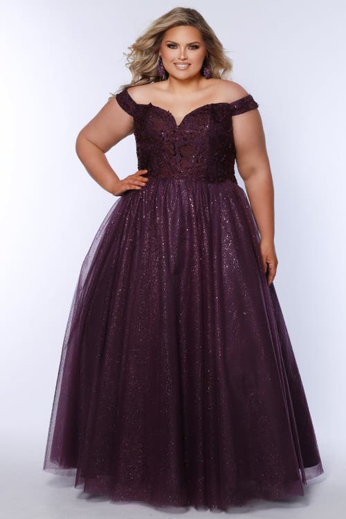 Sydney's Closet Off The Shoulder V-neckline Plus Size Ballgown In Plum