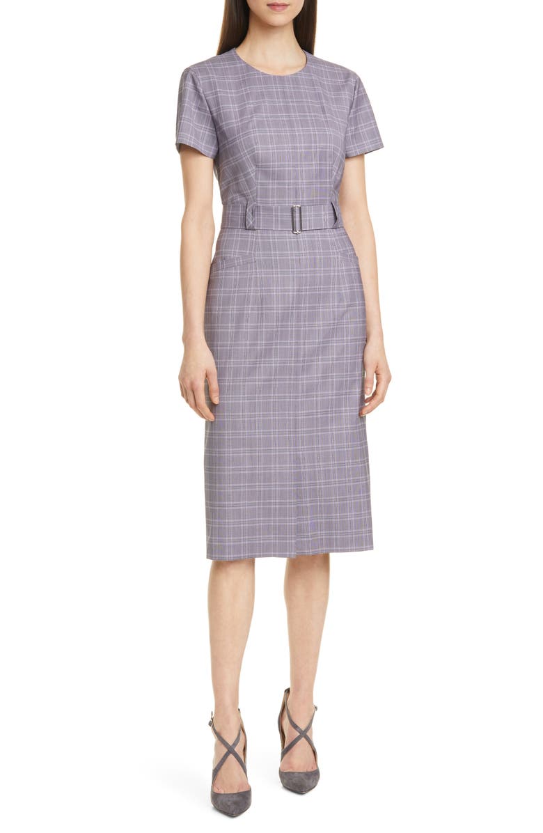 BOSS Danetty Plaid Belted Sheath Dress, Main, color, Lilac Fantasy