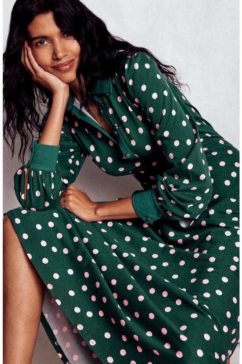 Polka Dot Empire Waist Long Sleeve Dress, Alternate, color, EMERALD NIGHT PAINTED DOT