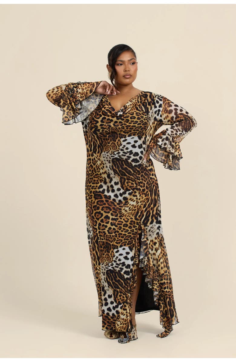 FASHION-SZN CURVE Ruffle Leopard Print Maxi Dress, Alternate, color, Brown