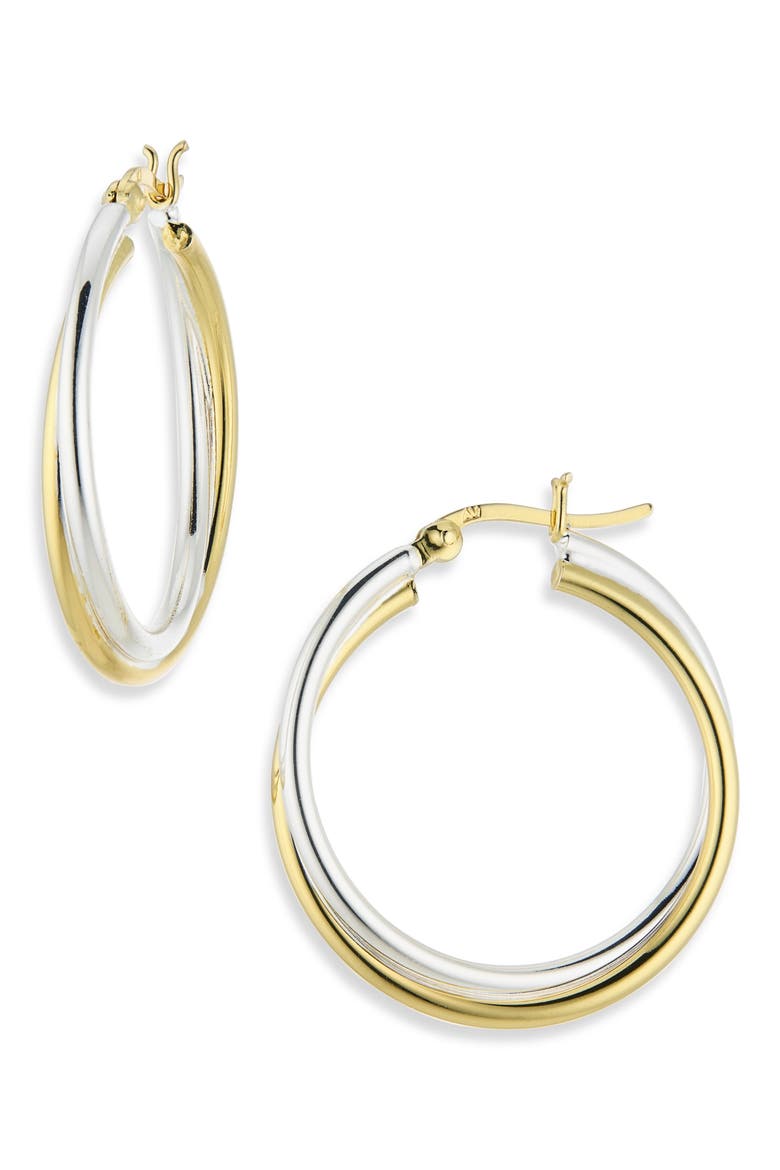 Twisted Two-Tone Sterling Silver Hoop Earrings, Main, color, GOLD/ SILVER