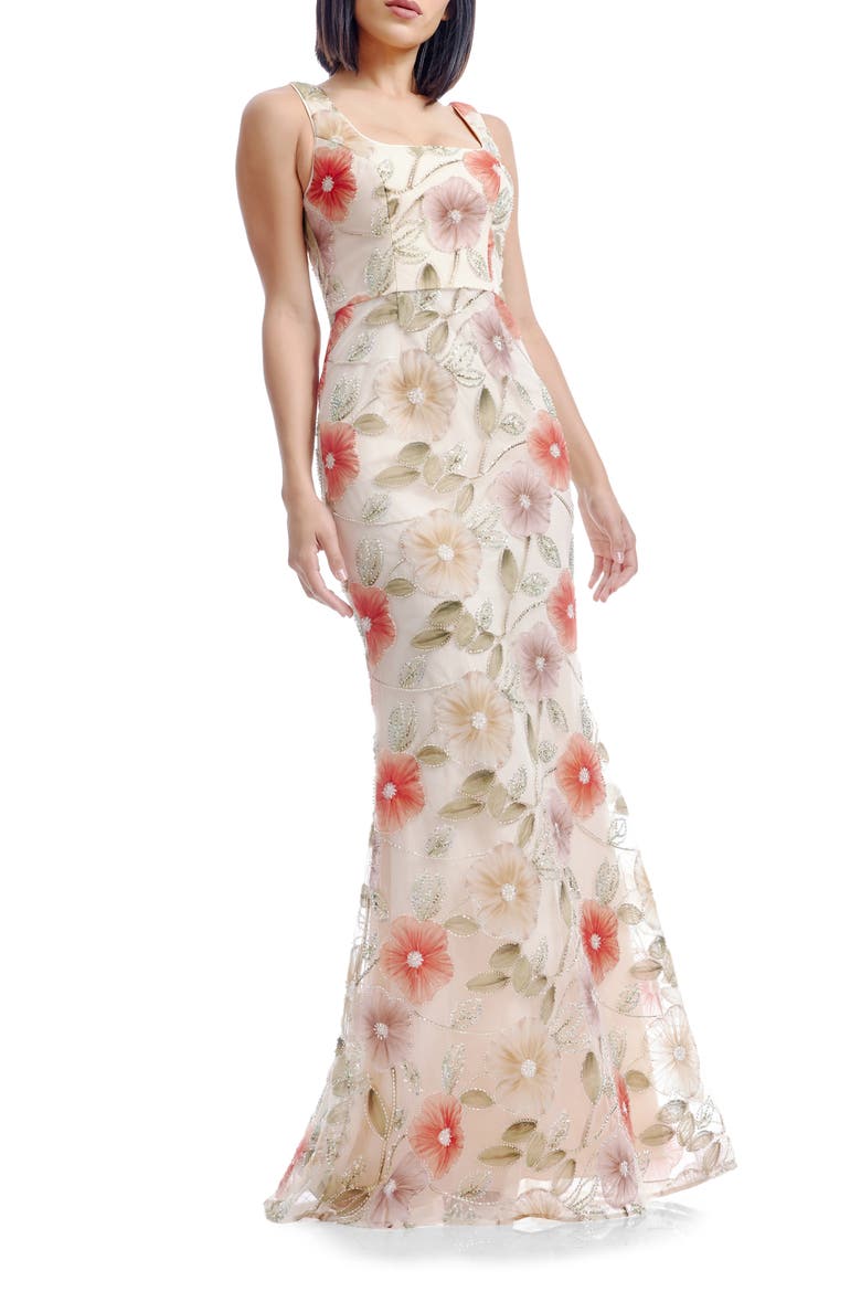 Tyra Floral Print Metallic Sleeveless Gown, Main, color, CHAMPAGNE MULTI