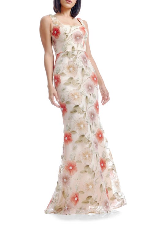 Tyra Floral Print Metallic Sleeveless Gown