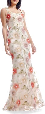 Dress the Population Tyra Floral Print Metallic Sleeveless Gown