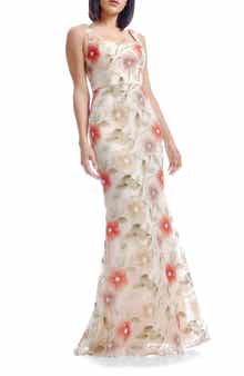 Dress the Population Tyra Floral Print Metallic Sleeveless Gown
