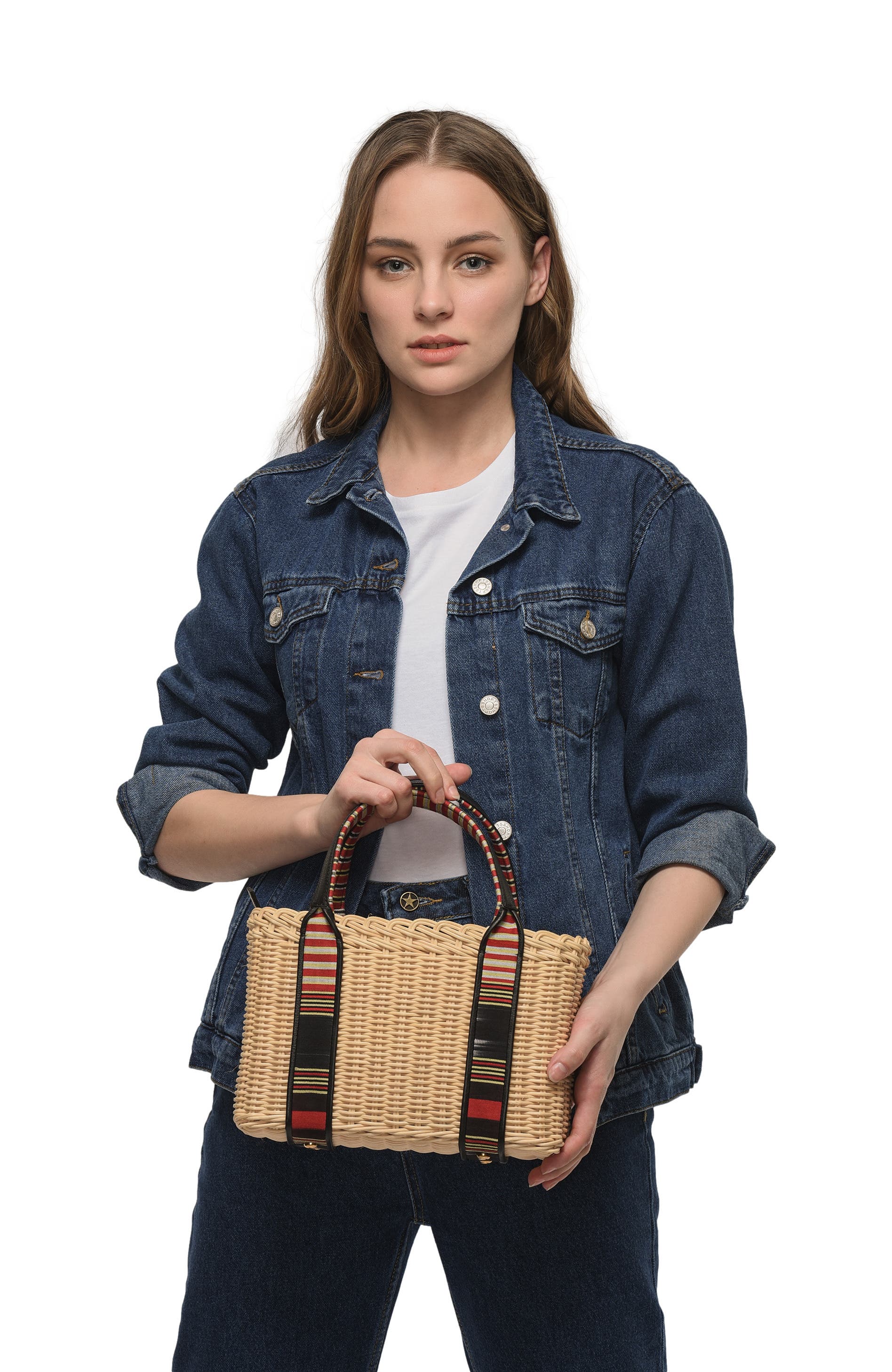 K
ai 
Vrosi Woven Straw Handbag with Leather Trimmed Handles, Alternate, color, Black