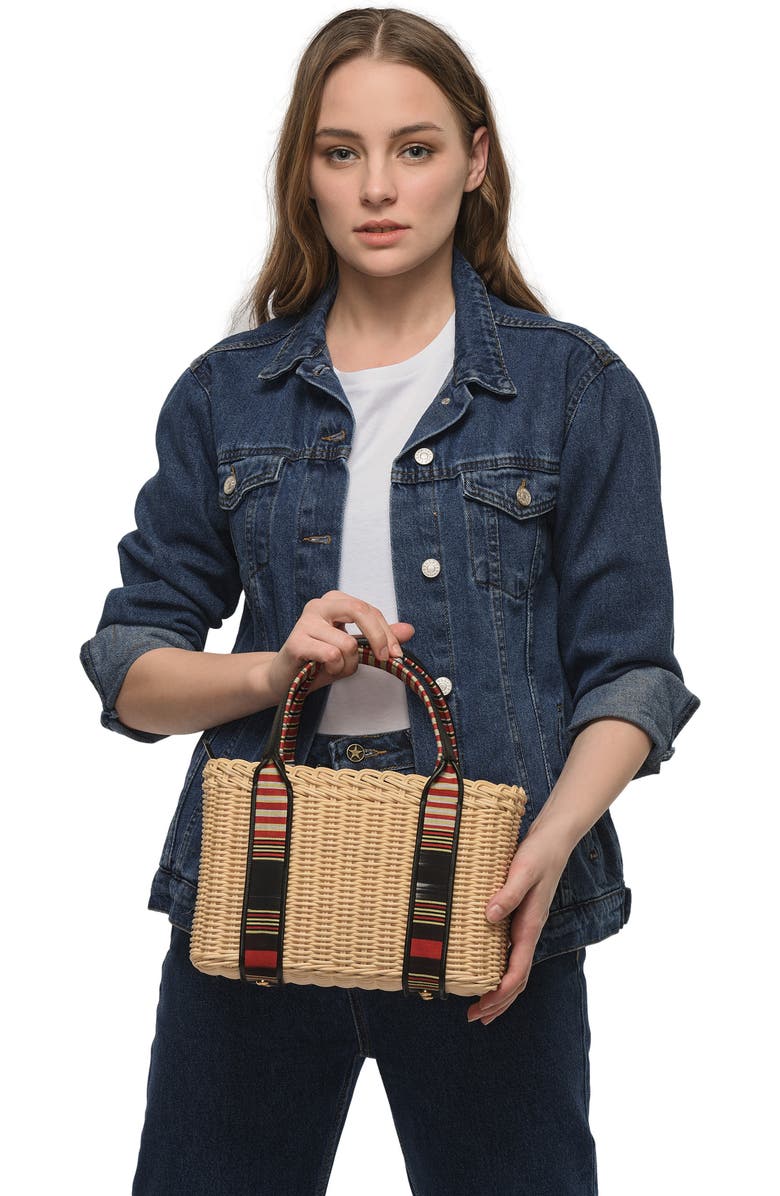 K
ai
Vrosi Woven Straw Handbag with Leather Trimmed Handles, Alternate, color, Black