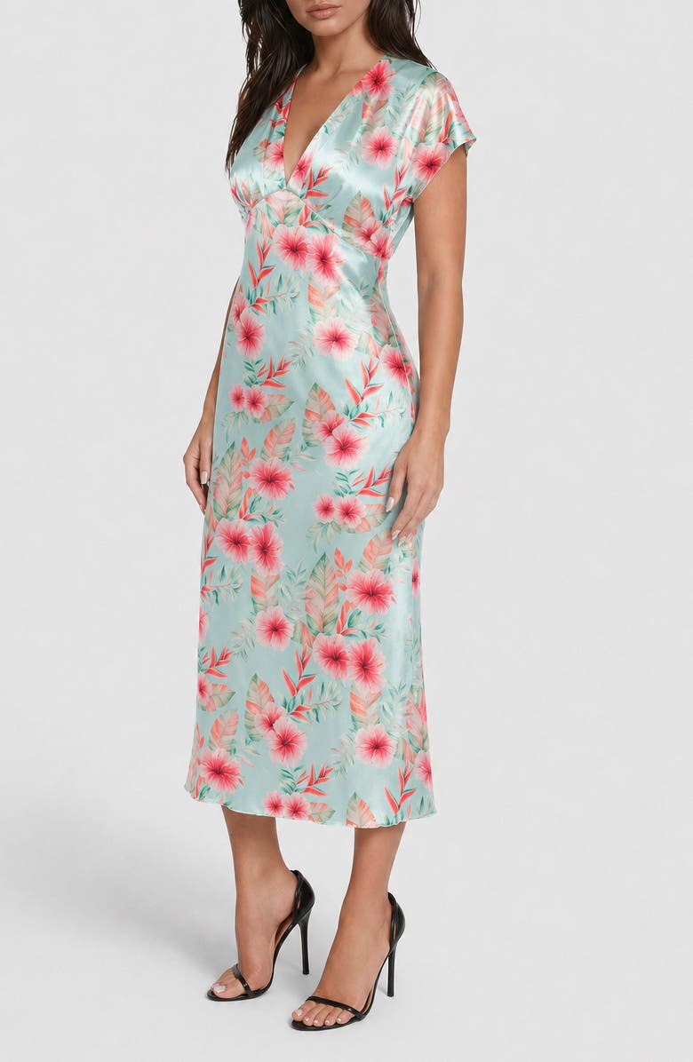 bebe Satin V-Neck Midi Dress, Alternate, color, Seafoam