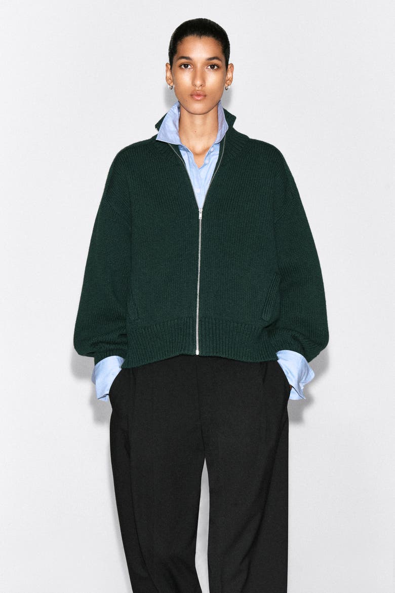 Rounded Wool Mock-Neck Zip-Up Jacket, Alternate, color, DARK GREEN