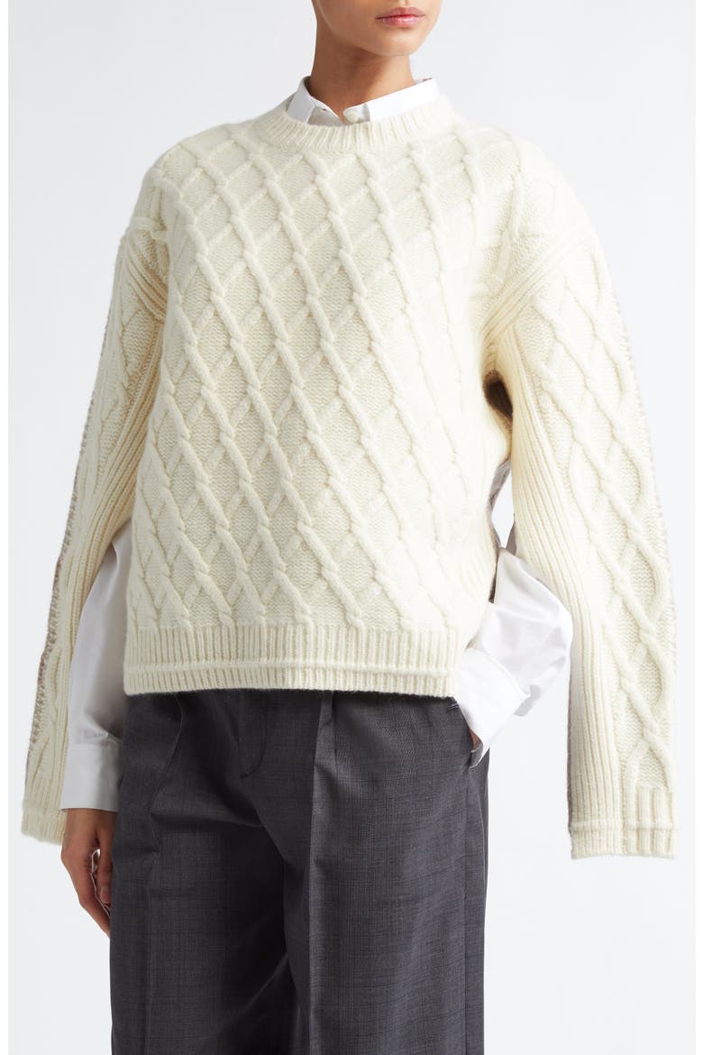 Two-Tone Merino Wool Twisted Cable Crewneck Sweater, Alternate, color, IVORY/ STONE