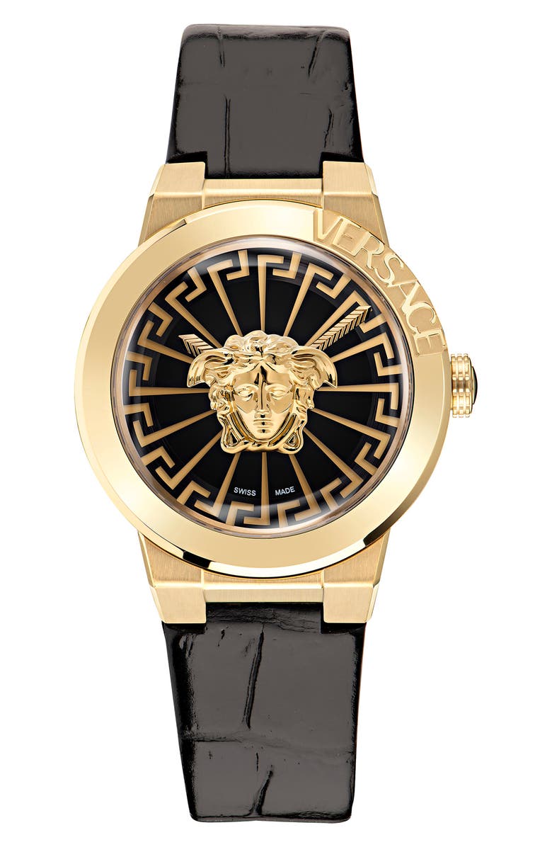 Versace Medusa Infinite Leather Strap Watch, 38mm, Main, color, Gold