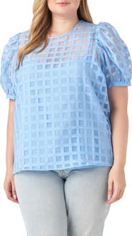 English Factory Sheer Plaid Short Puff Sleeve Top