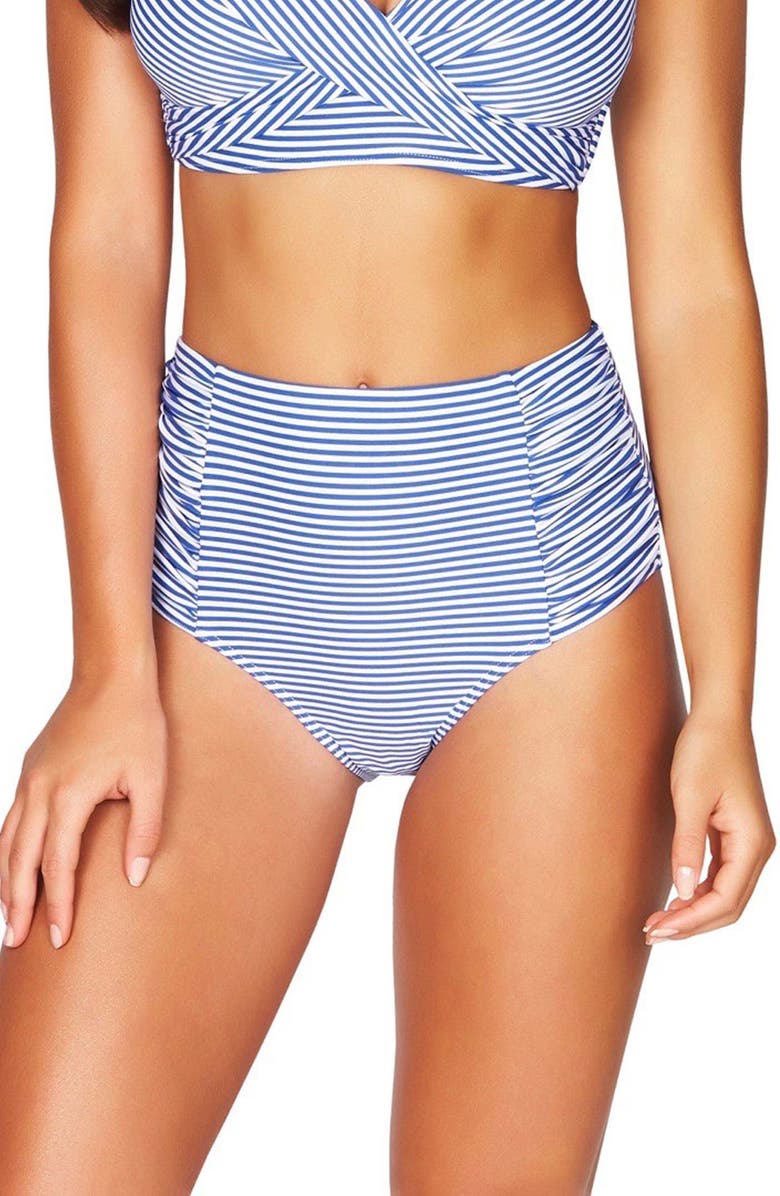 Sea Level Sorrento Stripe High Waist Gathered Side Bikini Bottoms, Main, color, 