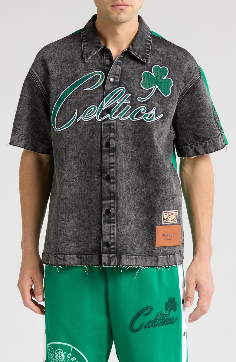 PURPLE BRAND Boston Celtics Mixed Media Short Sleeve Snap-Up Graphic Shirt, Main, color,