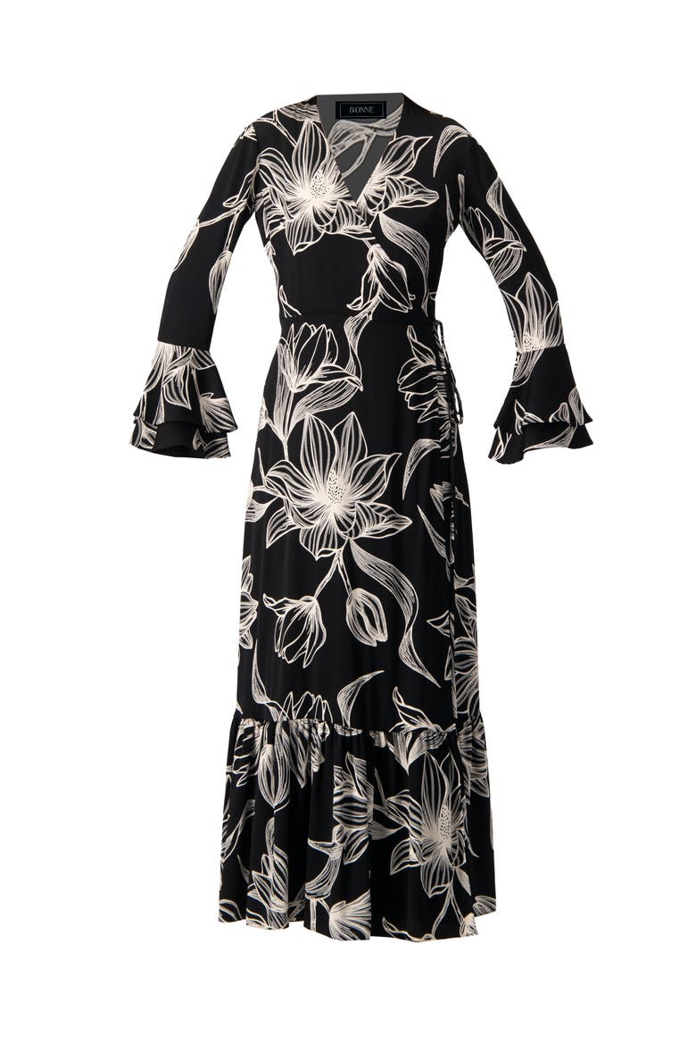 Long Black Dress with White Floral Print, Alternate, color, Black