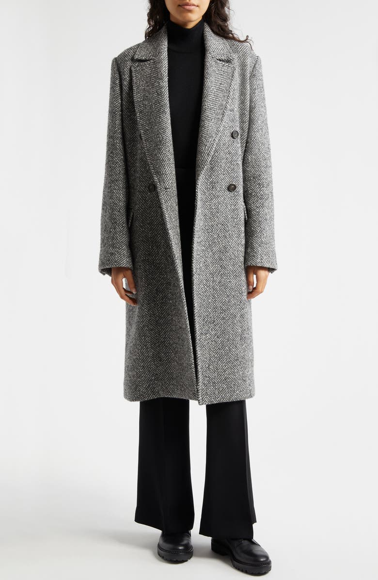 Vince Herringbone Tweed Double Breasted Coat, Main, color, Charcoal