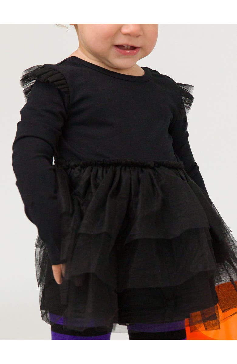 RuffleButts Baby Girls Flutter Tulle Long Sleeve Twirl Romper, Alternate, color, Black