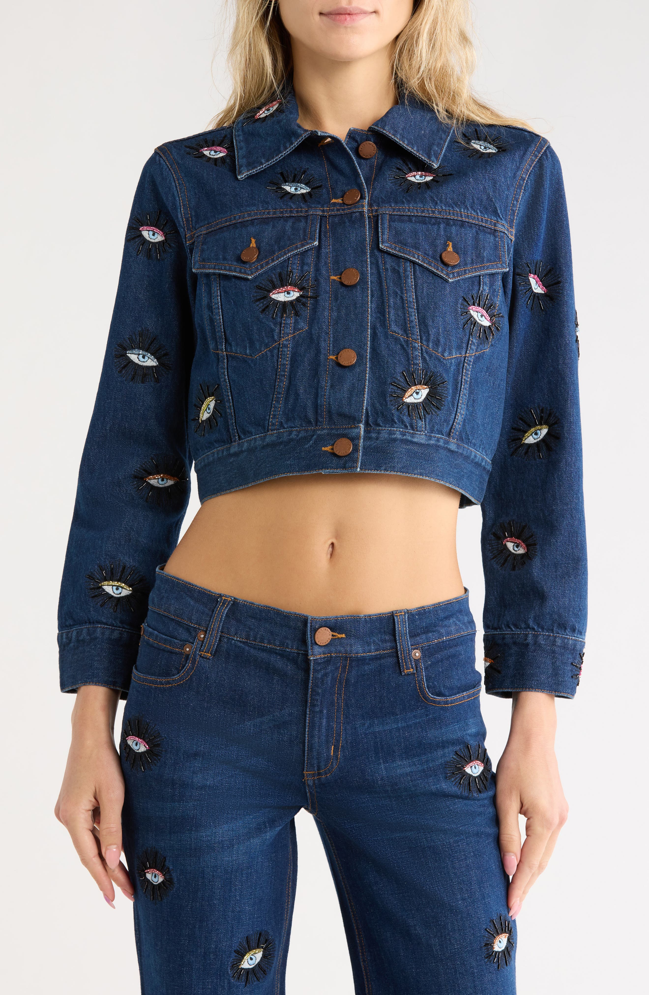 Chloe Evil Eye Embellished Crop Denim Jacket