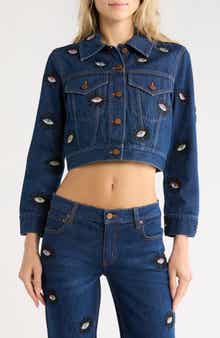 Chloe Evil Eye Embellished Crop Denim Jacket