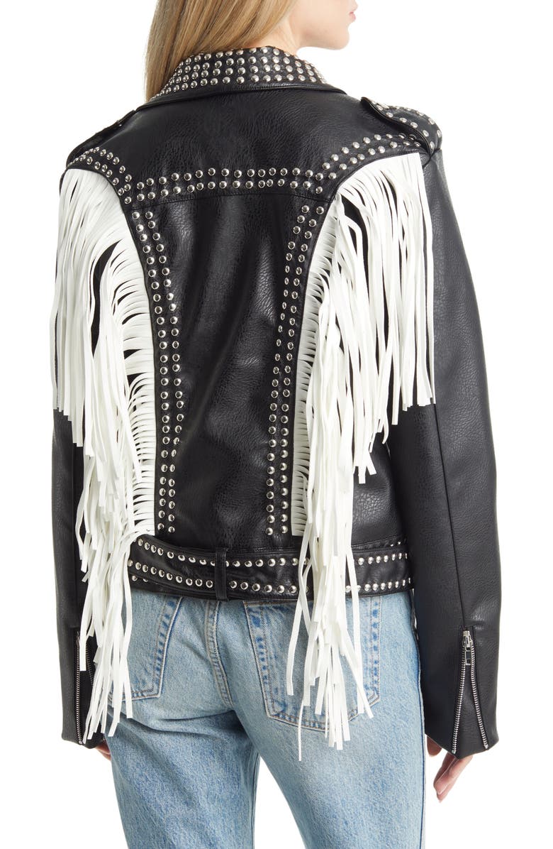 AZALEA WANG Beaded Fringe Detail Faux Leather Moto Jacket, Alternate, color, 