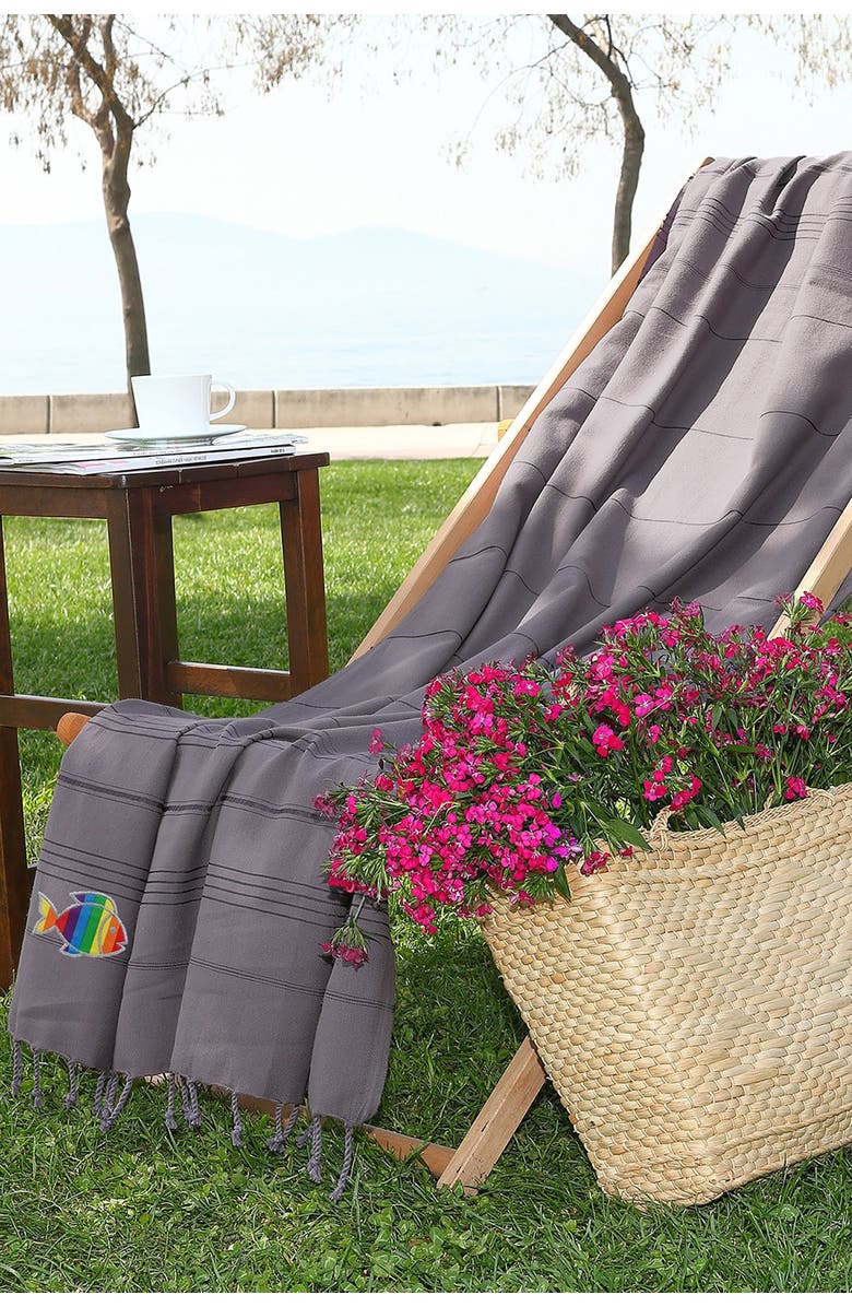 Linum Home Textiles 100% Turkish Cotton Summer Fun Sparkling Rainbow Fish Pestemal Beach Towel - Grey, Alternate, color, Grey