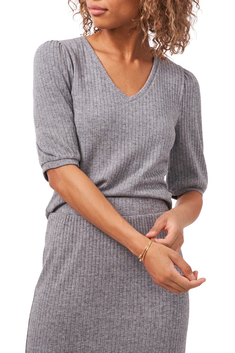 Puff Sleeve Rib Knit Top, Main, color, PEWTER HEATHER