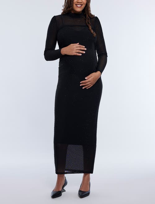 Motherhood Maternity Mesh Turtleneck Maxi Maternity Dress In Black Rhinestone
