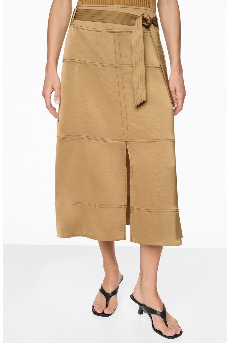 Tie Waist Contrast Stitch Midi Skirt, Main, color, DUNE