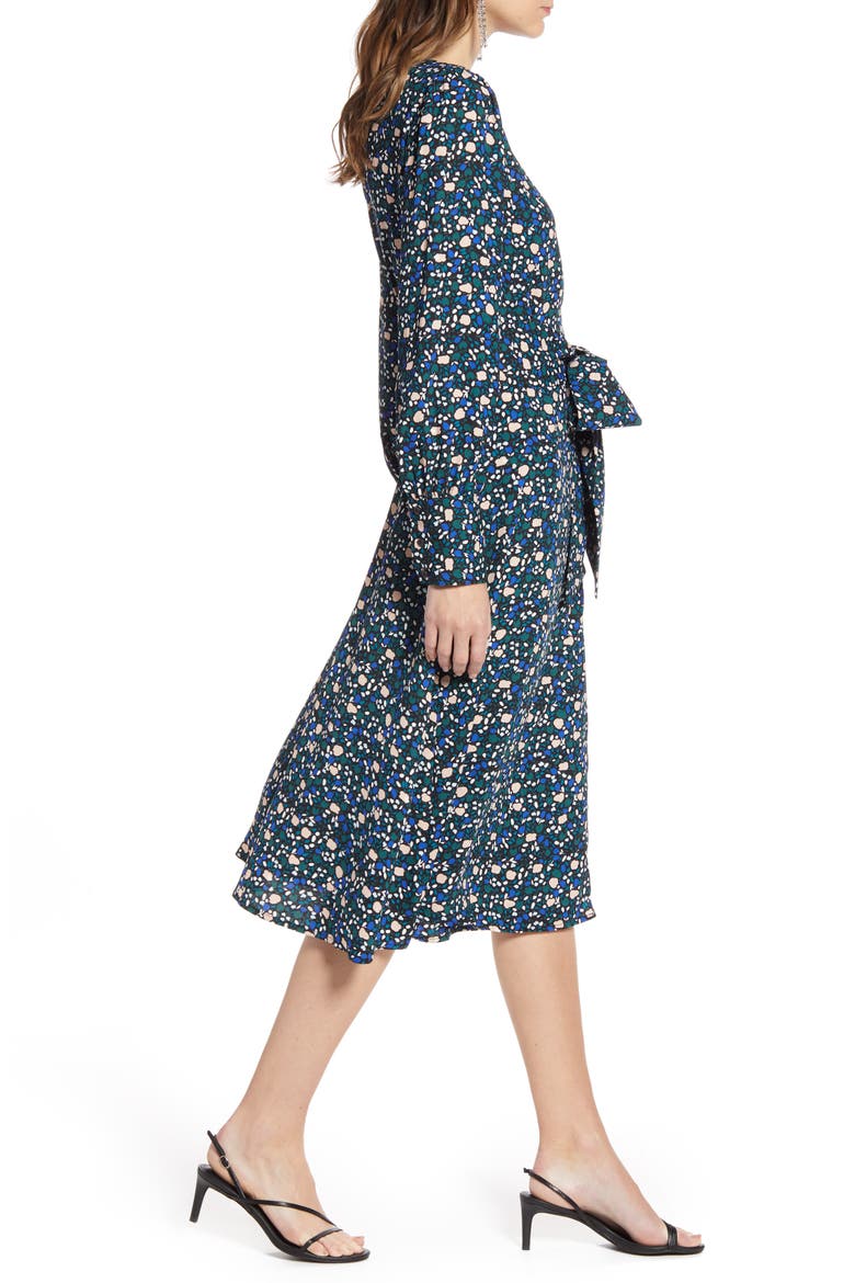 Long Sleeve Wrap Midi Dress, Alternate, color, BLACK- PINK S MALORY FLRL