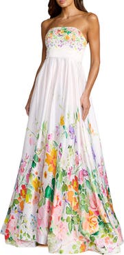 Mac Duggal Floral Print Strapless Satin A Line Gown With Pockets