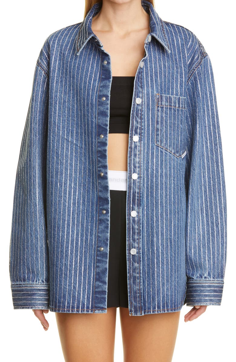 Alexander Wang Oversize Crystal Stripe Denim Shirt, Main, color, 