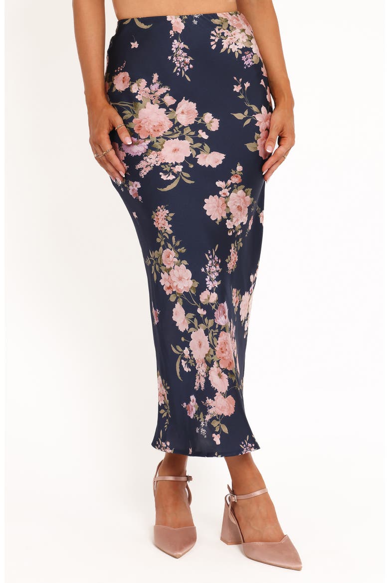 Kenna Floral Satin Midi Skirt, Main, color, NAVY FLORAL