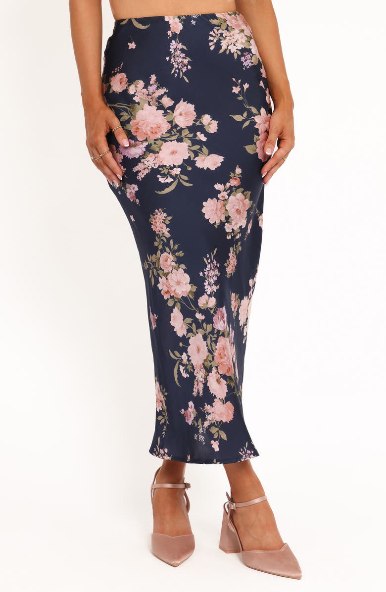 Petal & Pup Kenna Floral Satin Midi Skirt, Main, color, Navy Floral