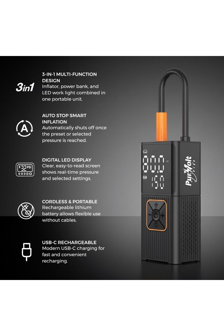 3-in-1 Tire Inflator, Power Bank & LED Light, Alternate, color, Black