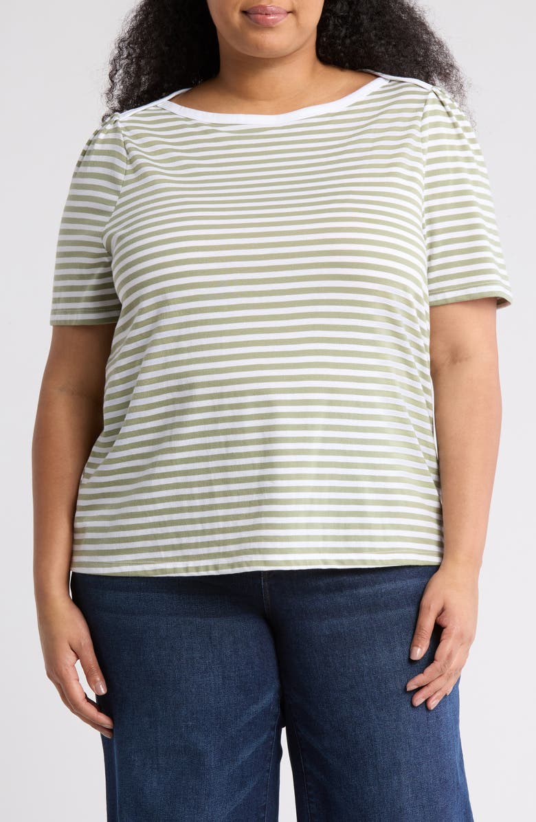 Caslon<sup>®</sup> Stripe Envelope Neck Knit Top, Main, color, Olive Acorn- White Stripe