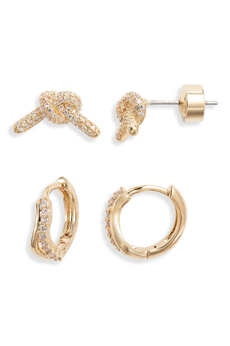 Set of 2 Stud & Huggie Hoop Earrings, Main, color, CLEAR- GOLD