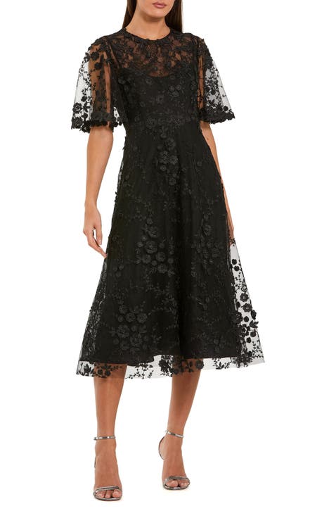 Women's Floral Embroidered Mesh Midi Dress with Sleeves