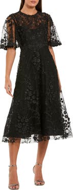 Mac Duggal Women's Flutter Sleeve Embroidered Midi Dress