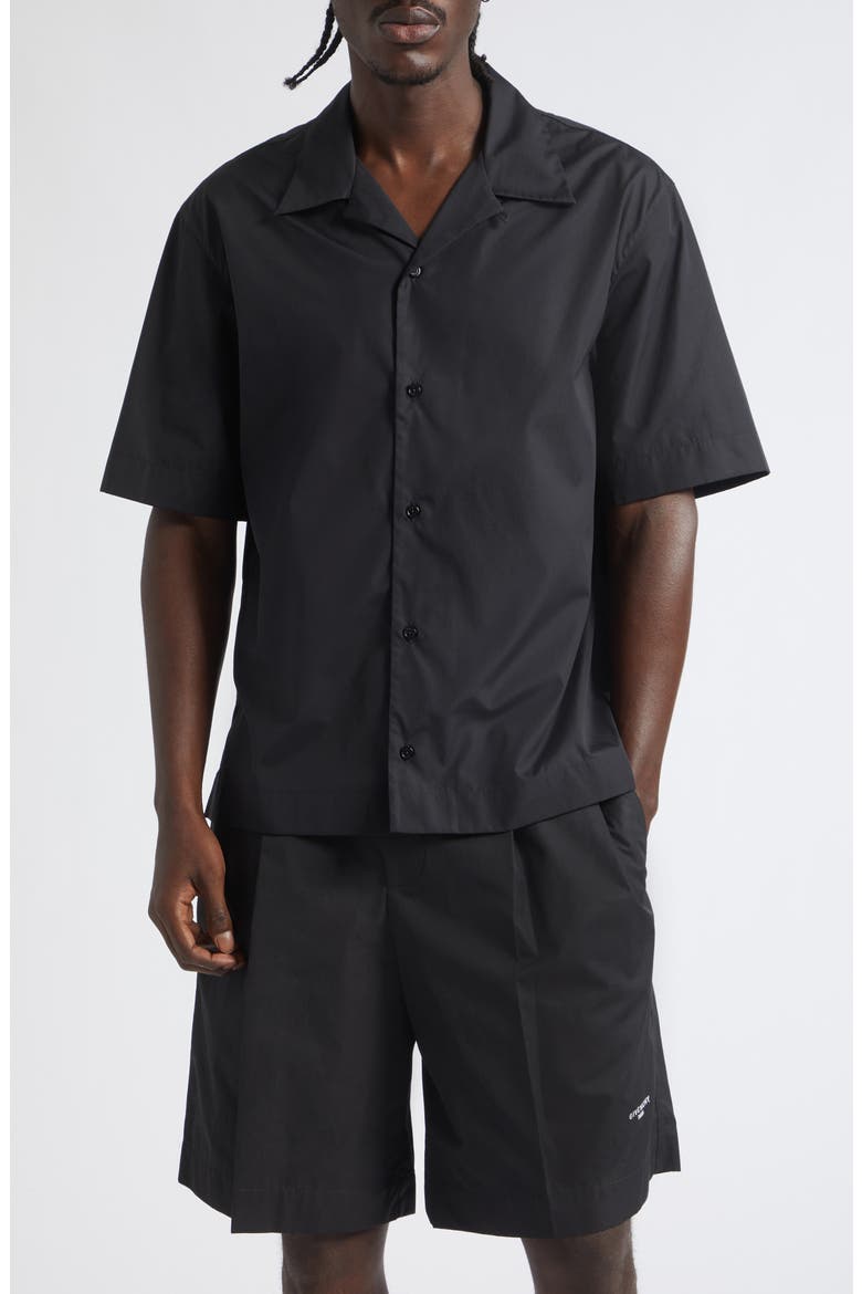 Short Sleeve Cotton Poplin Graphic Bowling Shirt, Main, color, BLACK