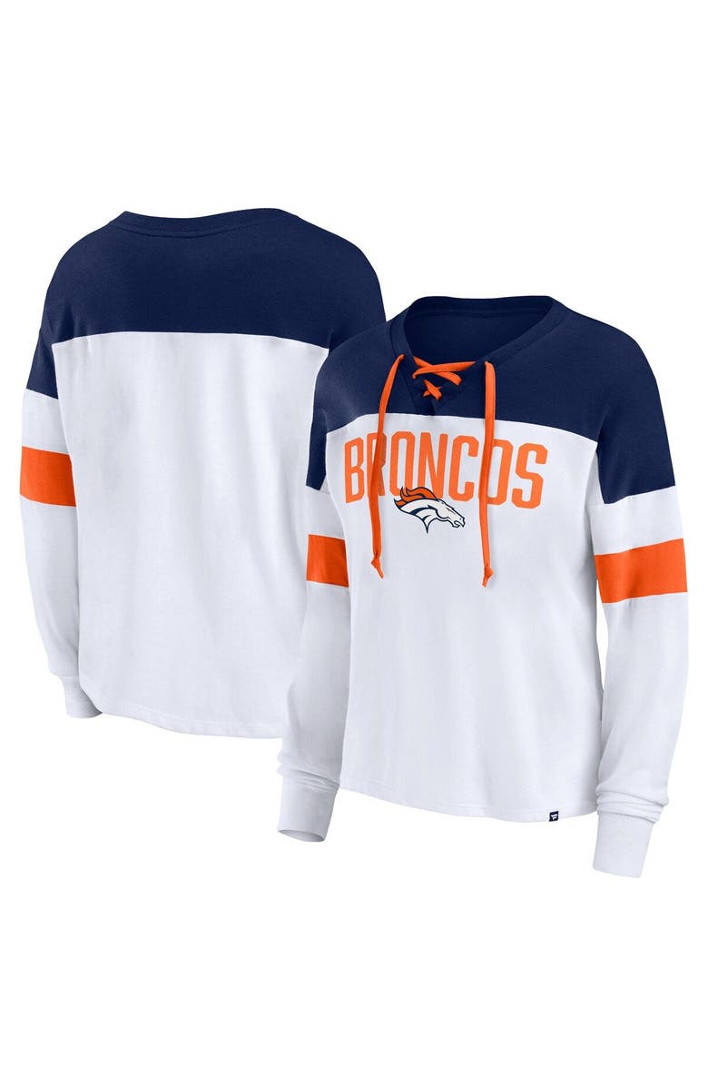 FANATICS Women's Fanatics Branded White/Navy Denver Broncos Even Match Lightweight Lace-Up Long Sleeve Top, Main, color, 