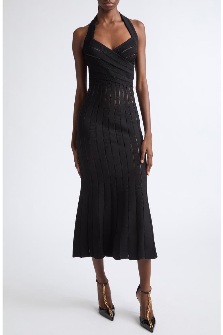 Pointelle Halter Neck Sweater Dress, Main, color, 0PA BLACK