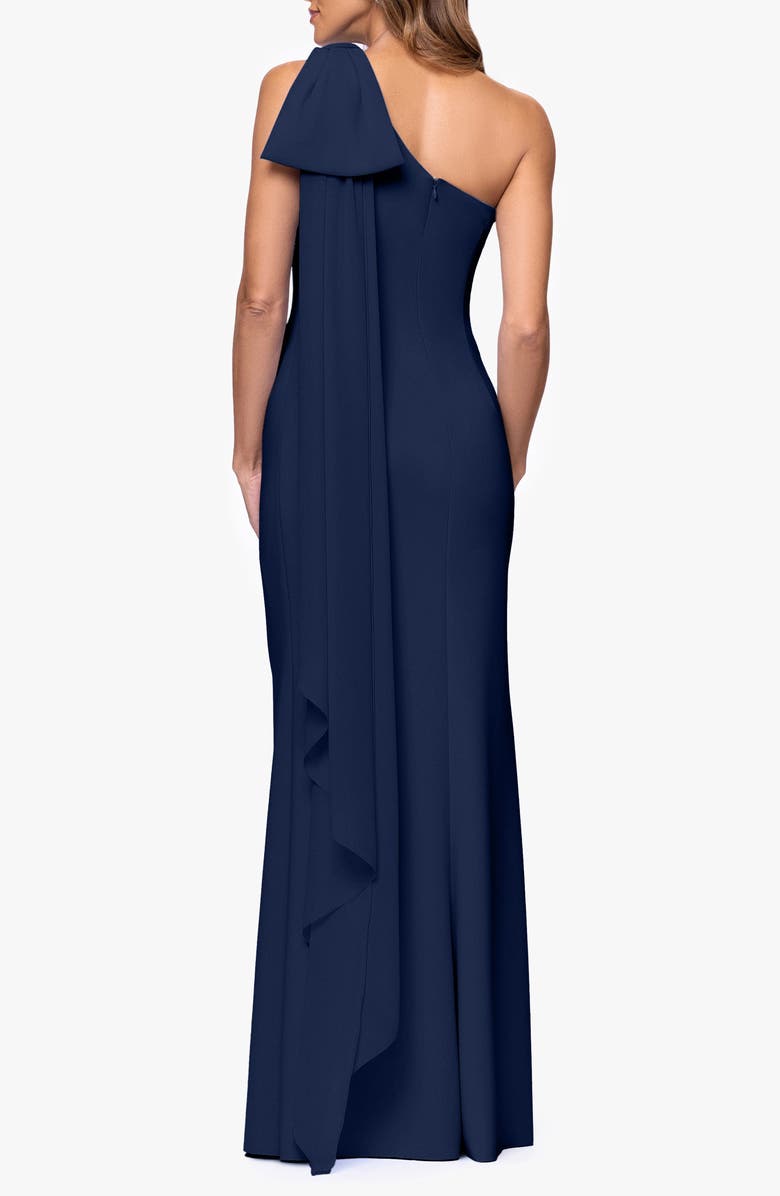 Xscape Evenings Sash Detail One-Shoulder Scuba Crepe Sheath Gown, Alternate, color, 