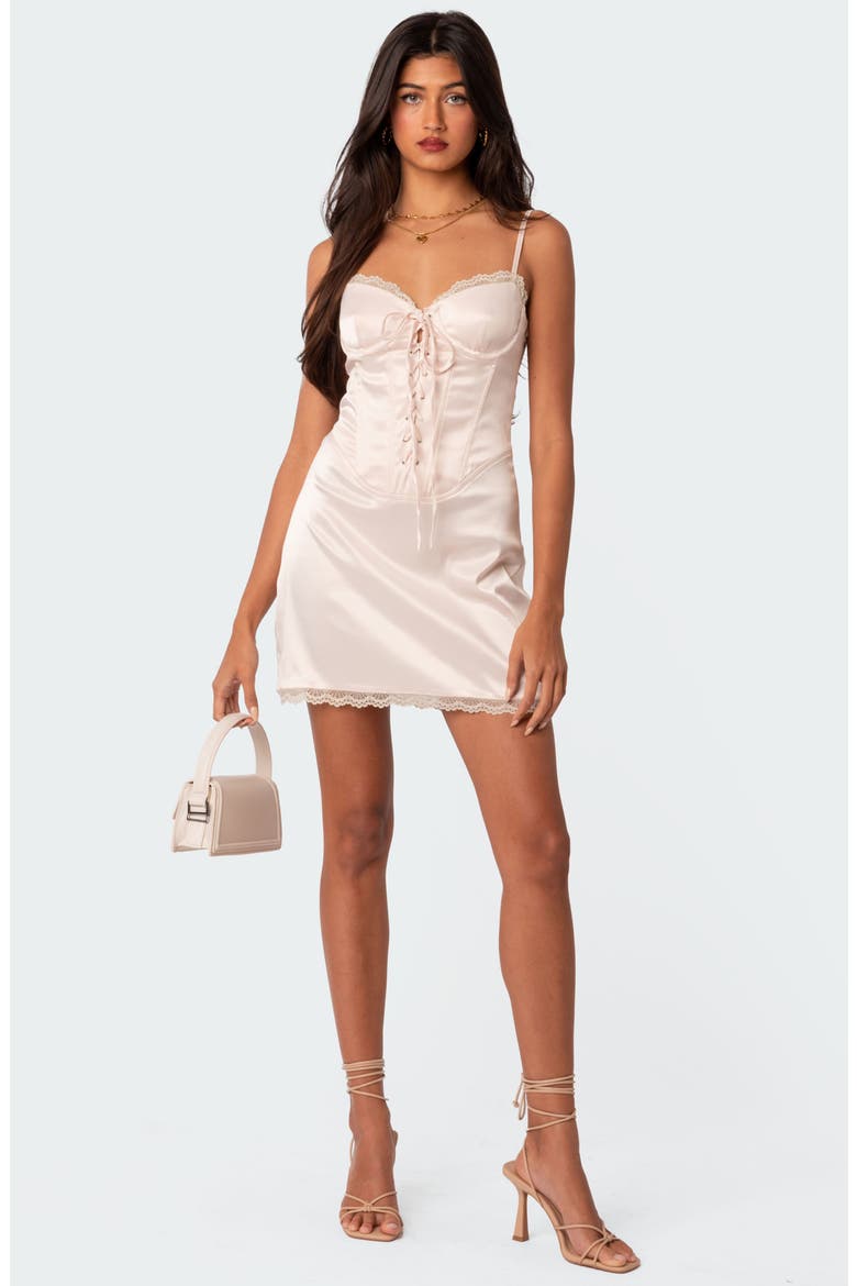 Lace-Up Satin Corset Dress, Alternate, color, BEIGE