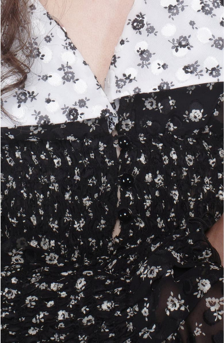 Anna Sui Ditsy Dot Chiffon Collared Smocked Top, Alternate, color, Black/White Multi