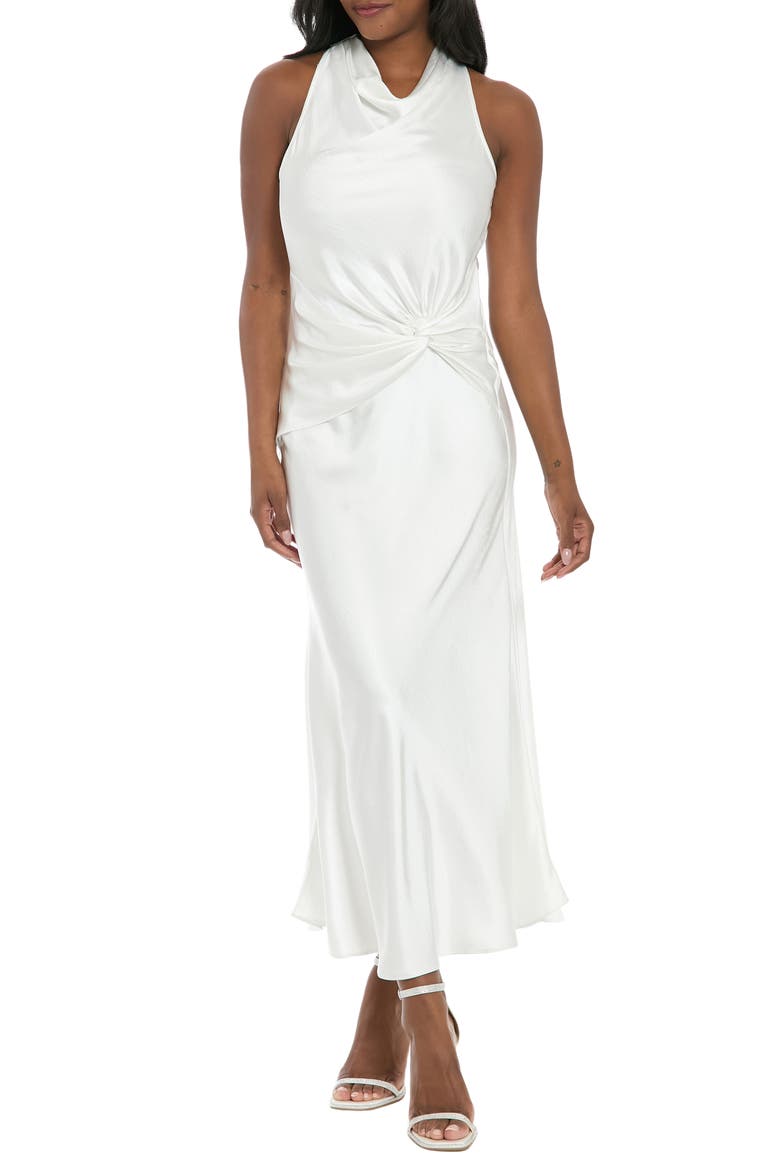 Cowl Neck Twist Satin Midi Dress, Main, color, WHITE
